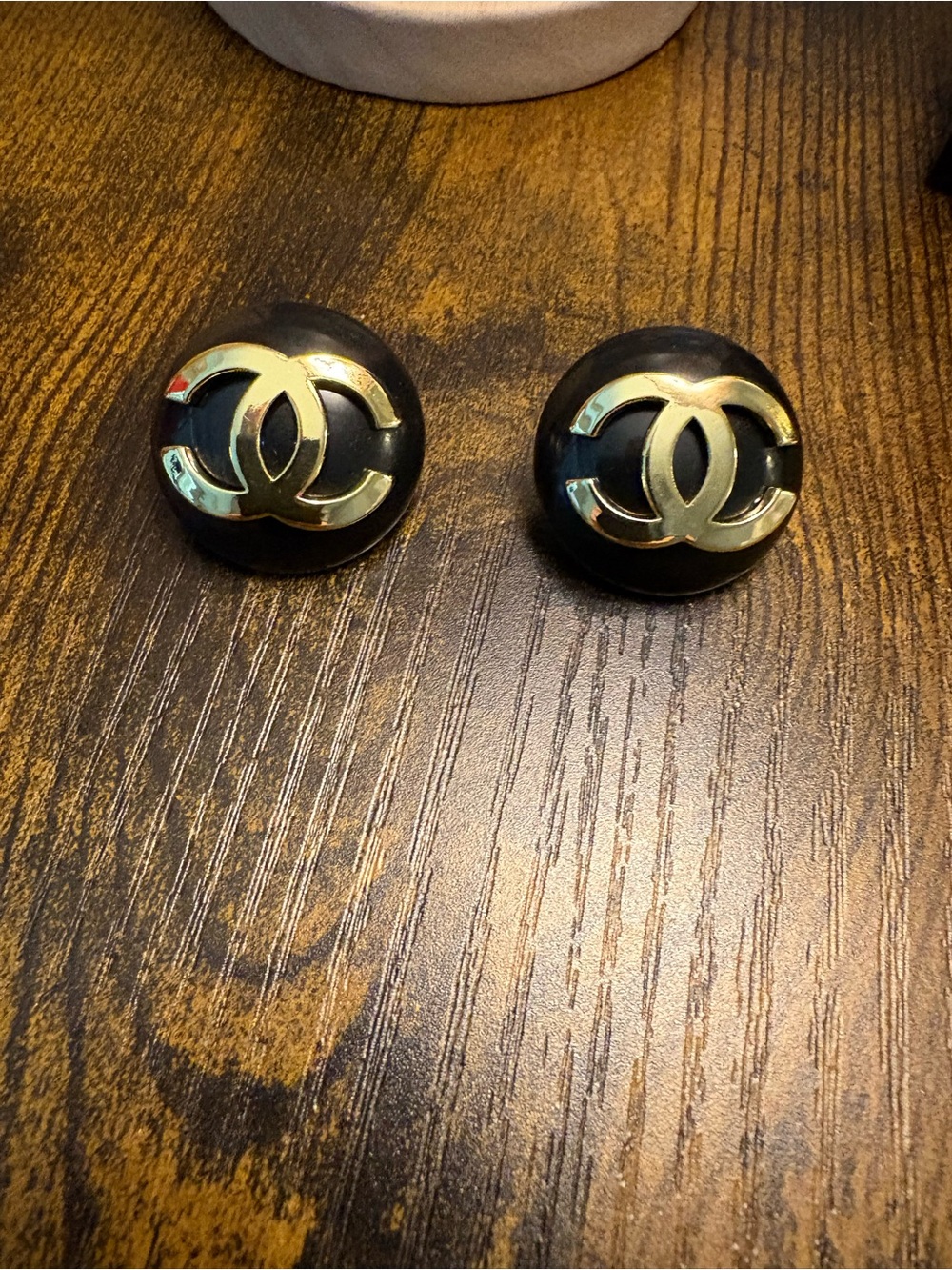Large Black Gold-Tone Button Stud Earrings - Picture 2 of 4